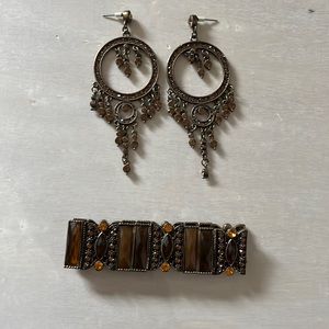Vintage Rustic Gold and Brown + Orange Jewels earrings and bracelet.